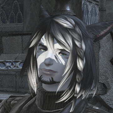 A grey-skinned male catboy. His hair is shoulder length and black with white tips. He has X-shaped white facepaint and a goatee.